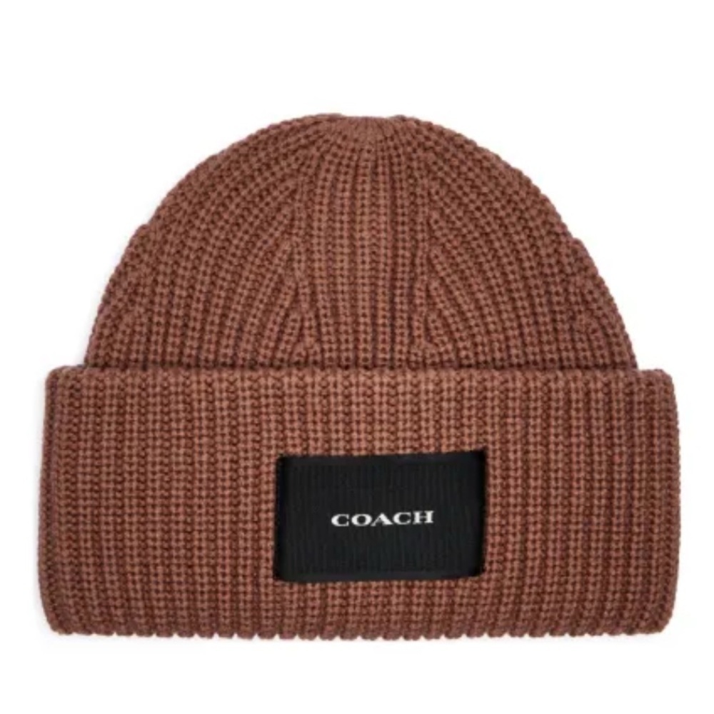 Coach Ribbed Wool-Blend Beanie with Logo Patch in Brown